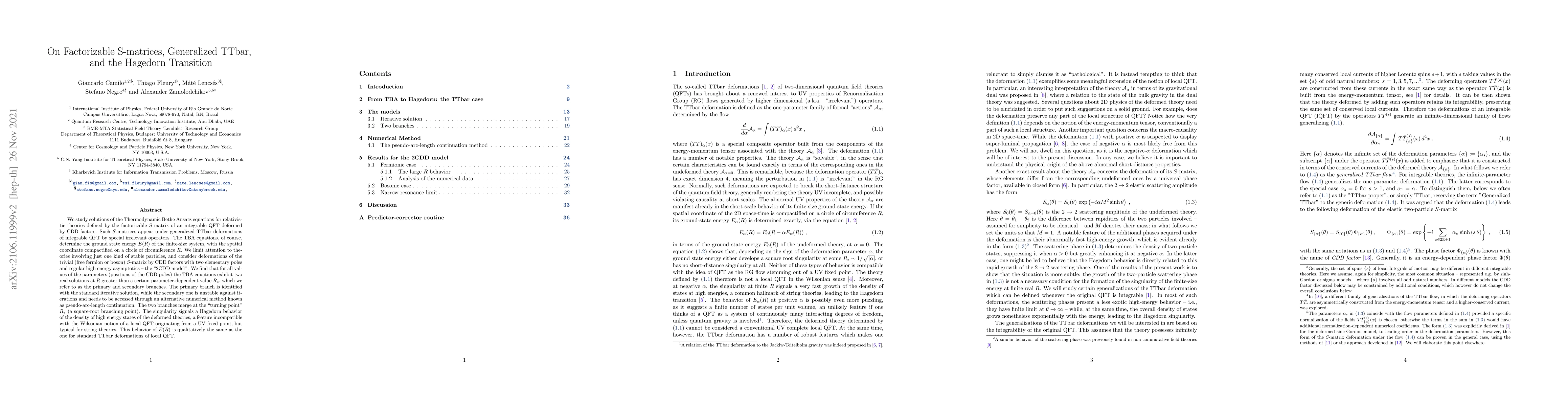 Thumbnail for On Factorizable S-matrices, Generalized TTbar, and the Hagedorn
  Transition