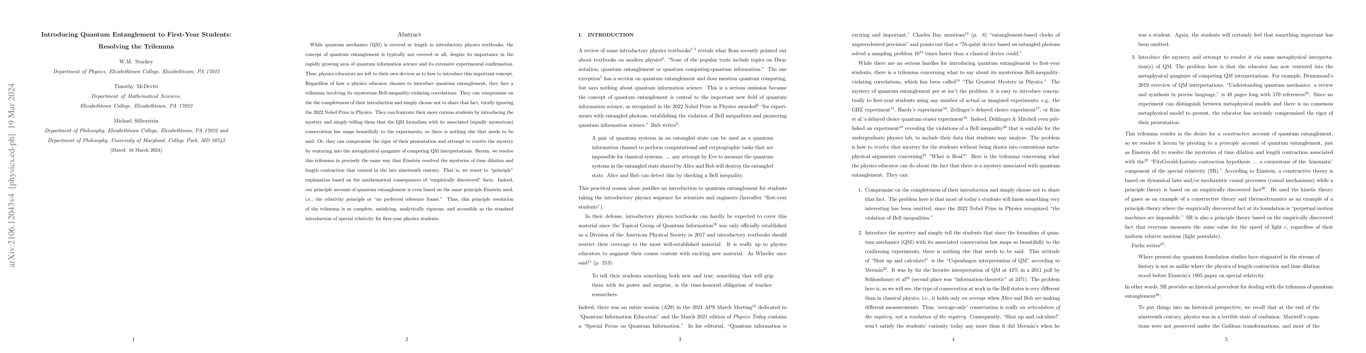 Thumbnail for Introducing Quantum Entanglement to First-Year Students: Resolving the
  Trilemma