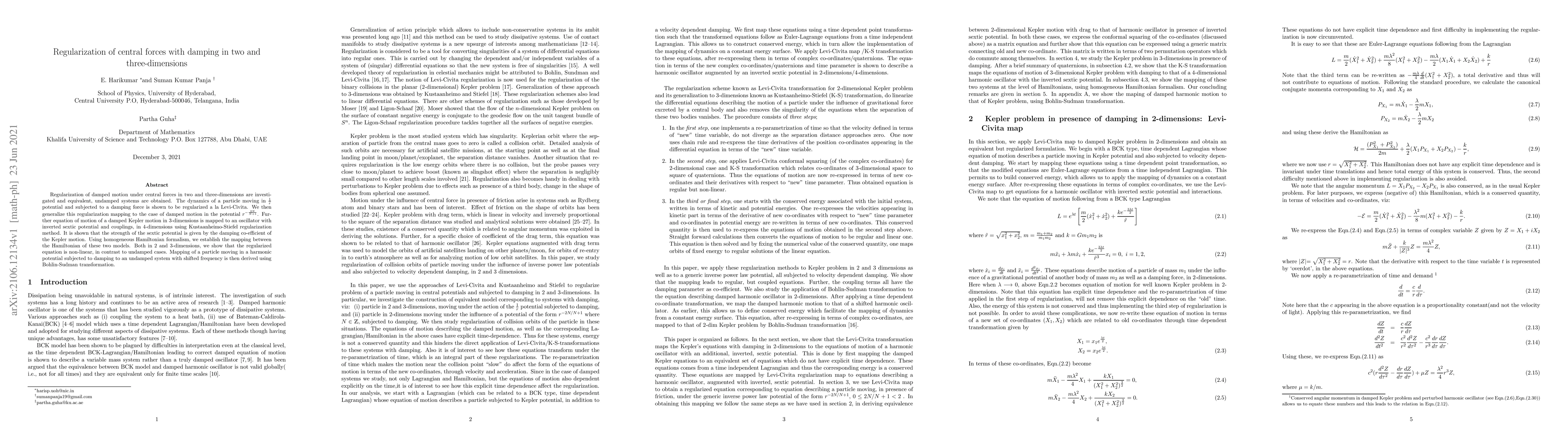 Thumbnail for Regularization of central forces with damping in two and
  three-dimensions