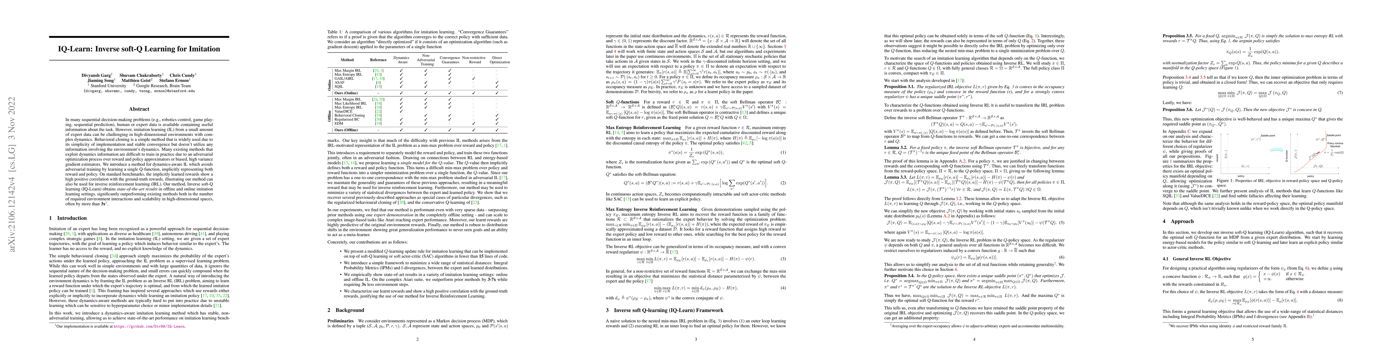 Thumbnail for IQ-Learn: Inverse soft-Q Learning for Imitation