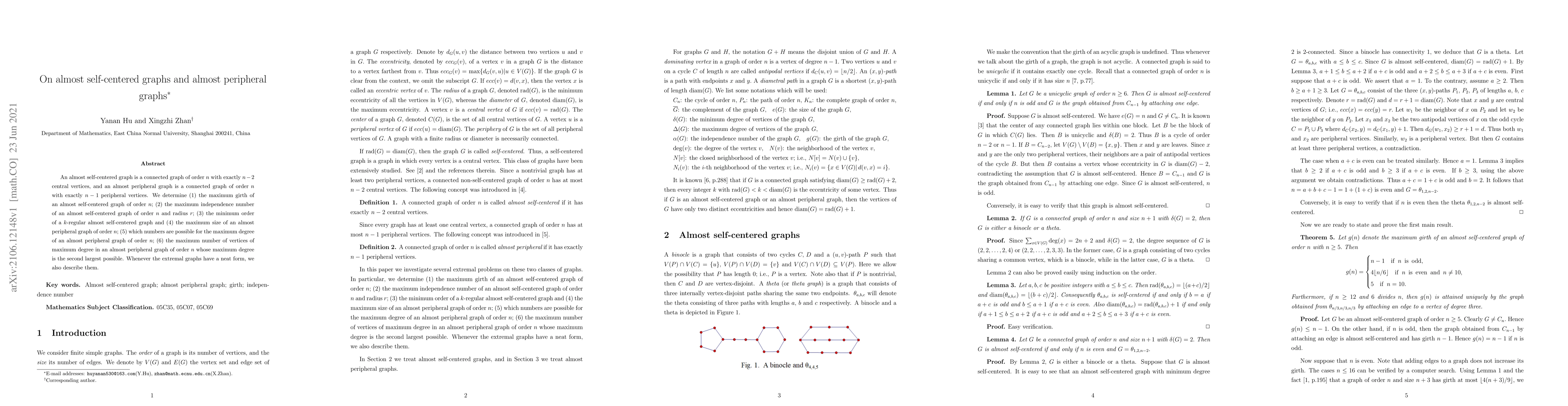 Thumbnail for On almost self-centered graphs and almost peripheral graphs