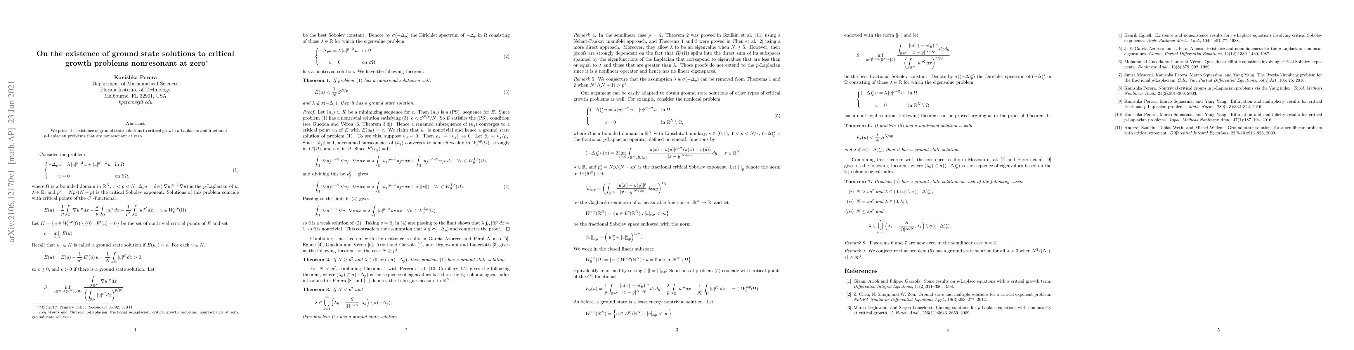 Thumbnail for On the existence of ground state solutions to critical growth problems
  nonresonant at zero
