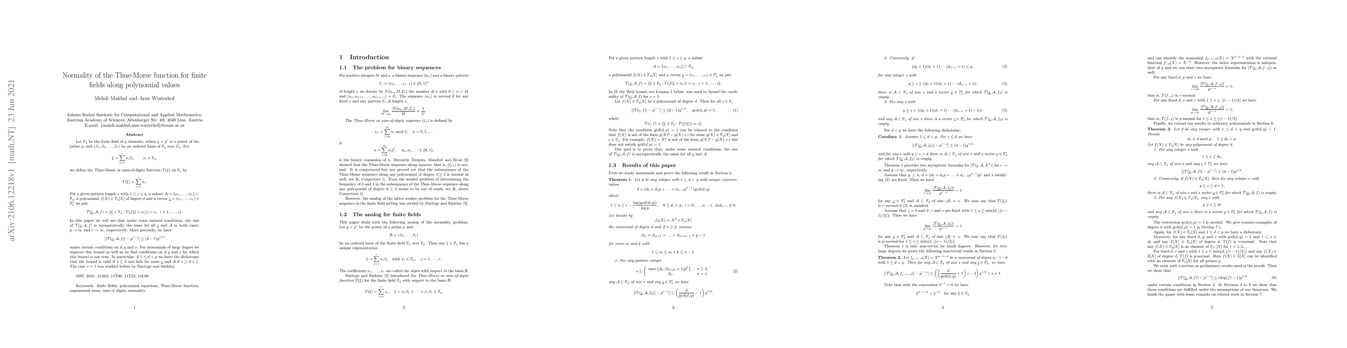 Thumbnail for Normality of the Thue-Morse function for finite fields along polynomial
  values