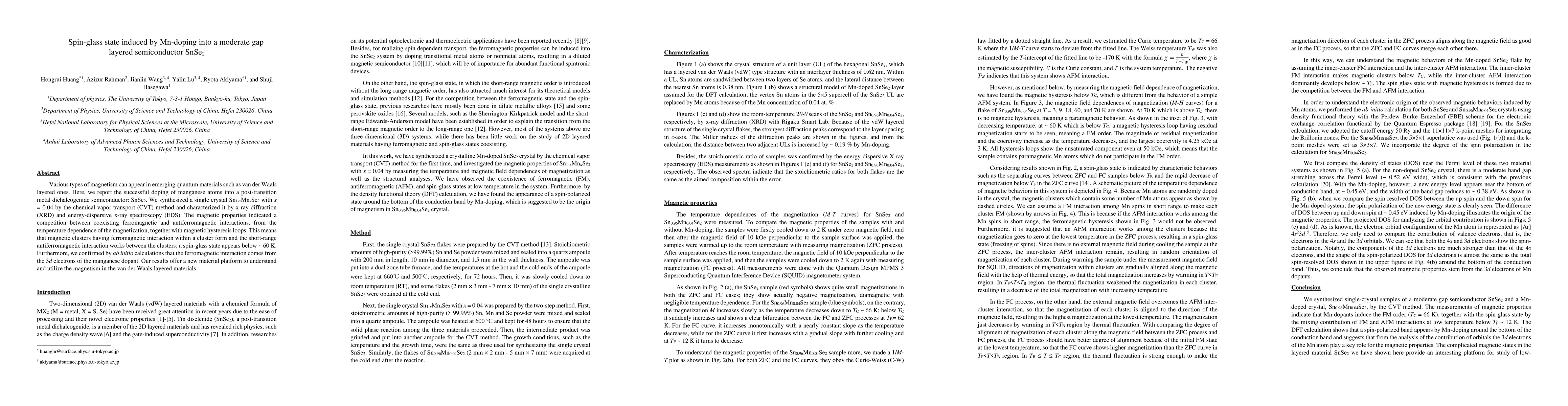 Thumbnail for Spin-glass state induced by Mn-doping into a moderate gap layered
  semiconductor SnSe$_2$