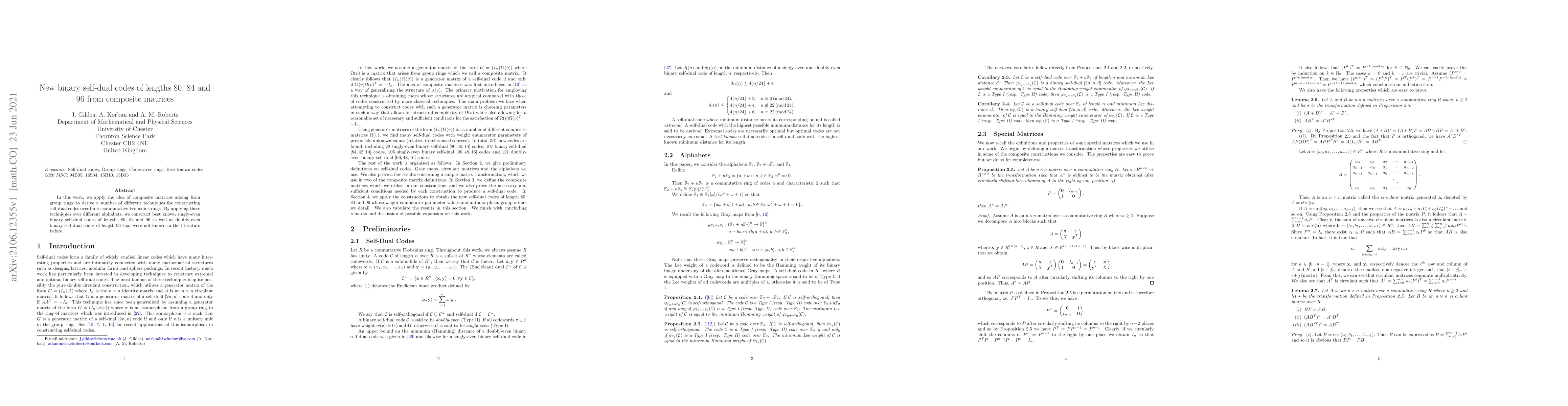 Thumbnail for New binary self-dual codes of lengths 80, 84 and 96 from composite
  matrices