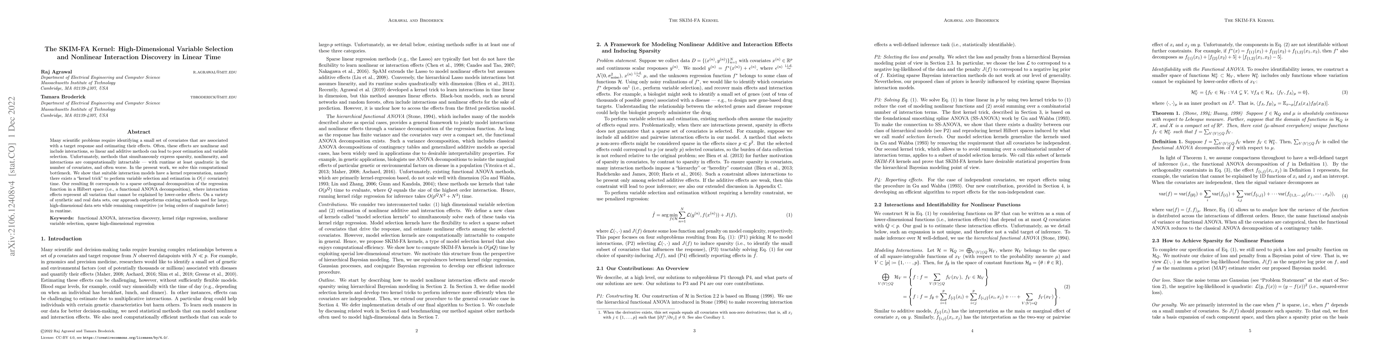 Thumbnail for The SKIM-FA Kernel: High-Dimensional Variable Selection and Nonlinear
  Interaction Discovery in Linear Time