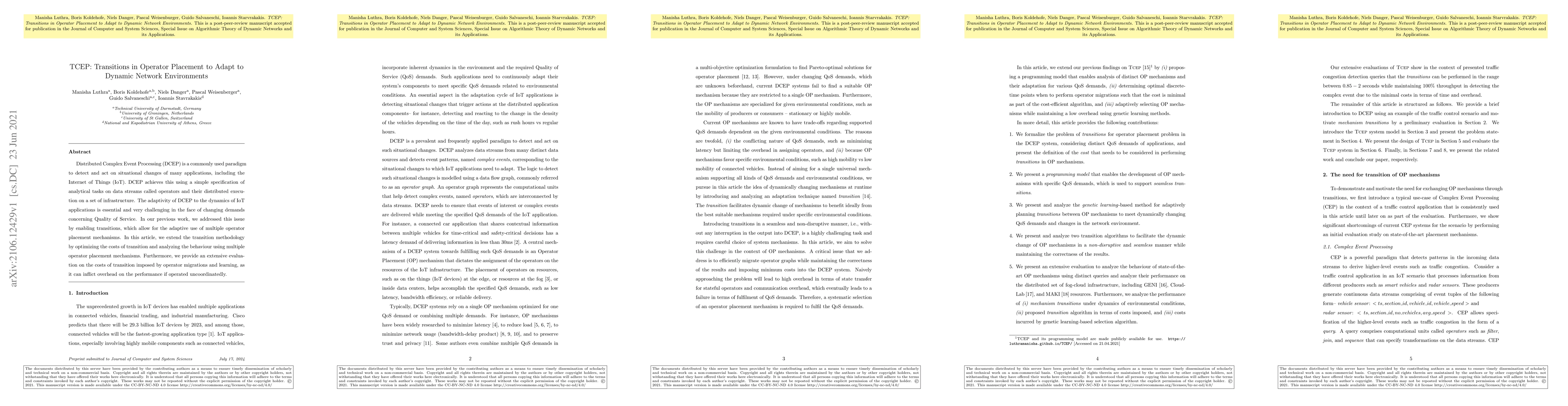 Thumbnail for TCEP: Transitions in Operator Placement to Adapt to Dynamic Network
  Environments