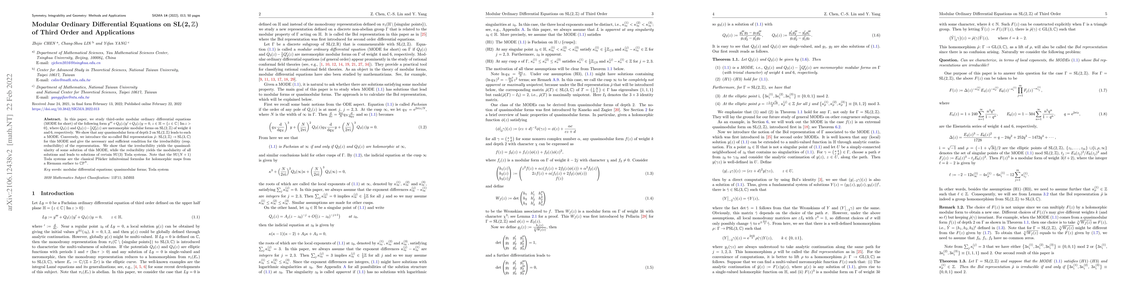 Thumbnail for Modular Ordinary Differential Equations on ${\rm SL}(2,\mathbb{Z})$ of
  Third Order and Applications