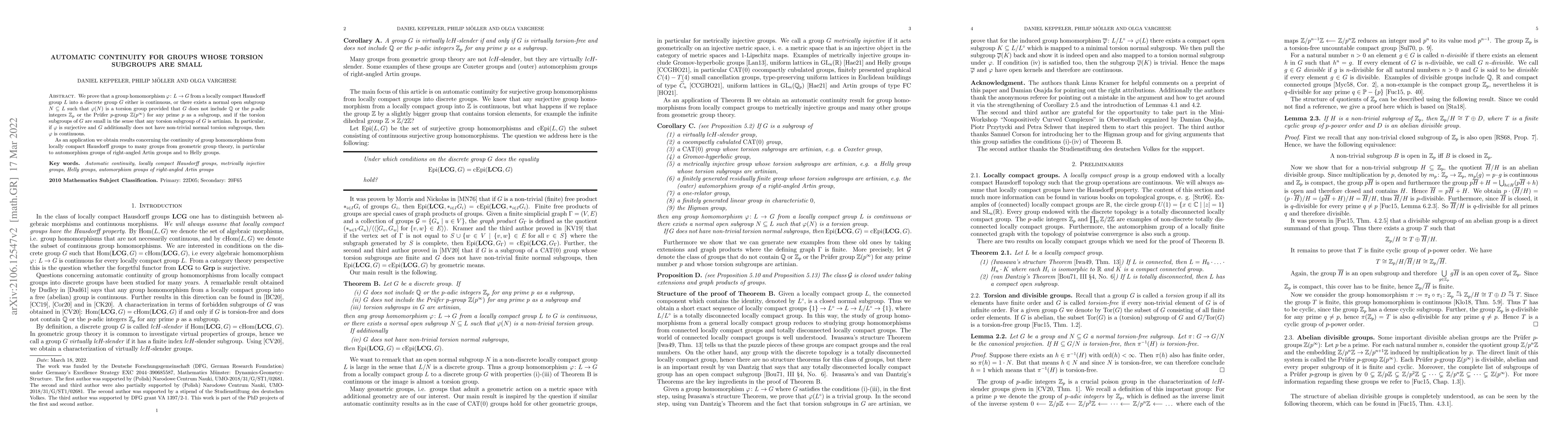 Thumbnail for Automatic continuity for groups whose torsion subgroups are small