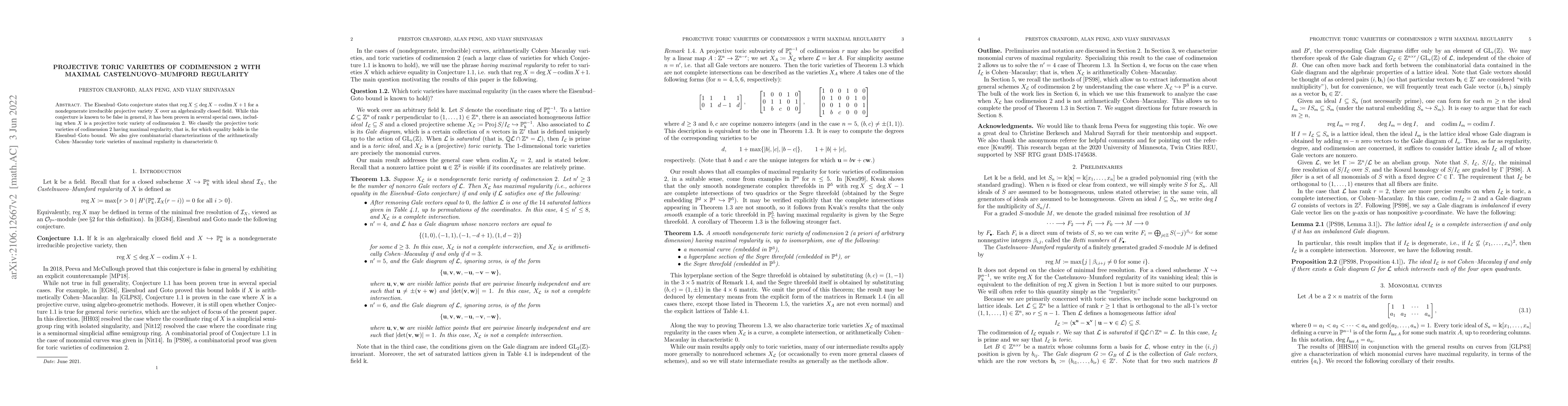 Thumbnail for Projective toric varieties of codimension 2 with maximal
  Castelnuovo--Mumford regularity