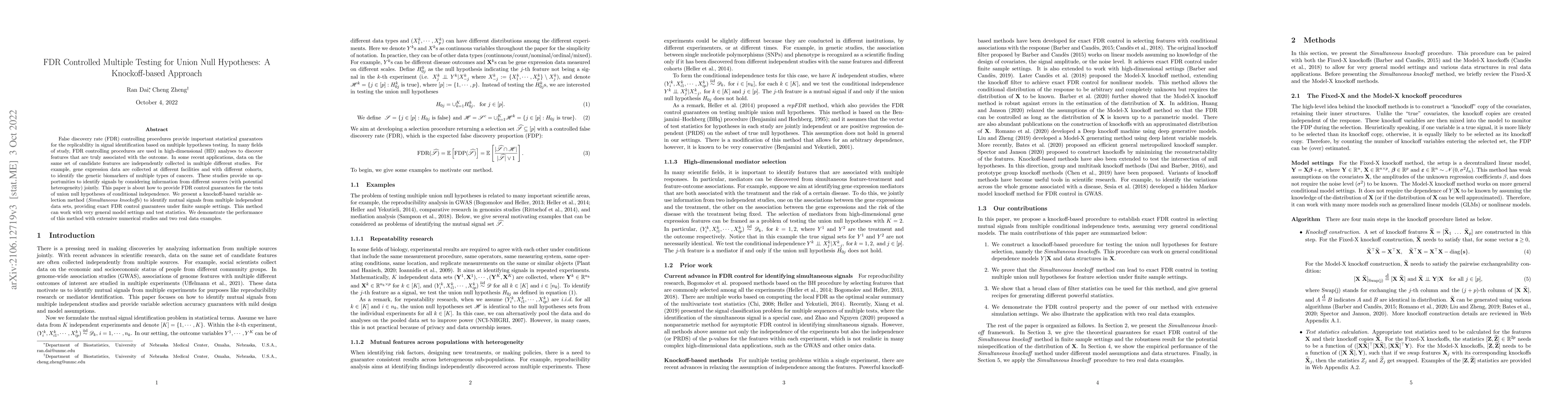 Thumbnail for FDR Controlled Multiple Testing for Union Null Hypotheses: A
  Knockoff-based Approach