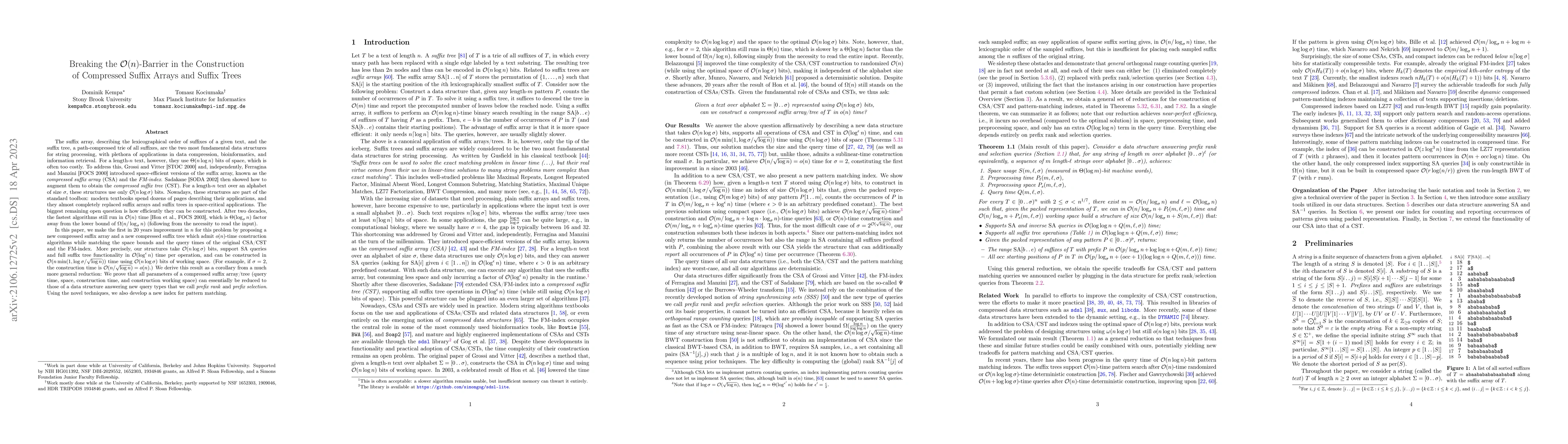 Thumbnail for Breaking the $O(n)$-Barrier in the Construction of Compressed Suffix
  Arrays and Suffix Trees