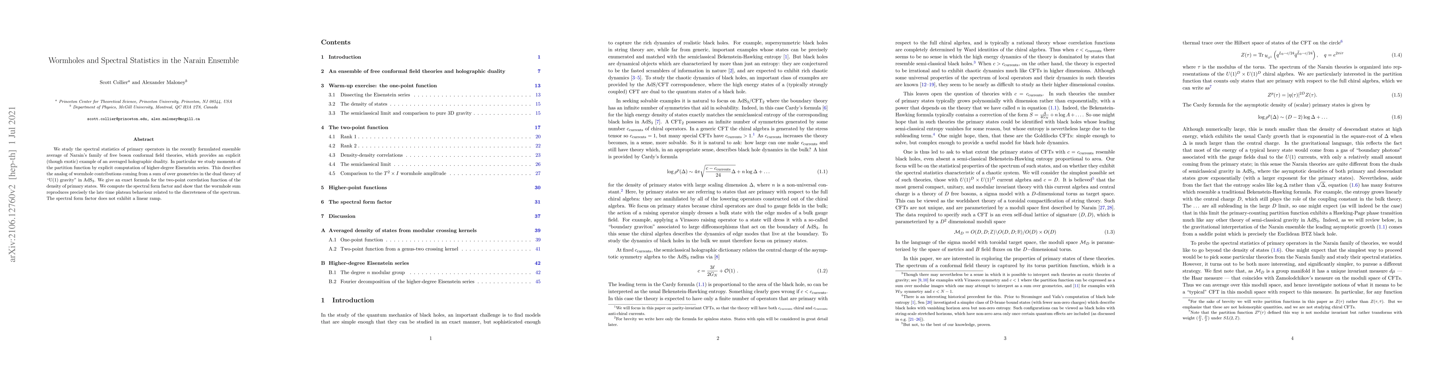Thumbnail for Wormholes and Spectral Statistics in the Narain Ensemble