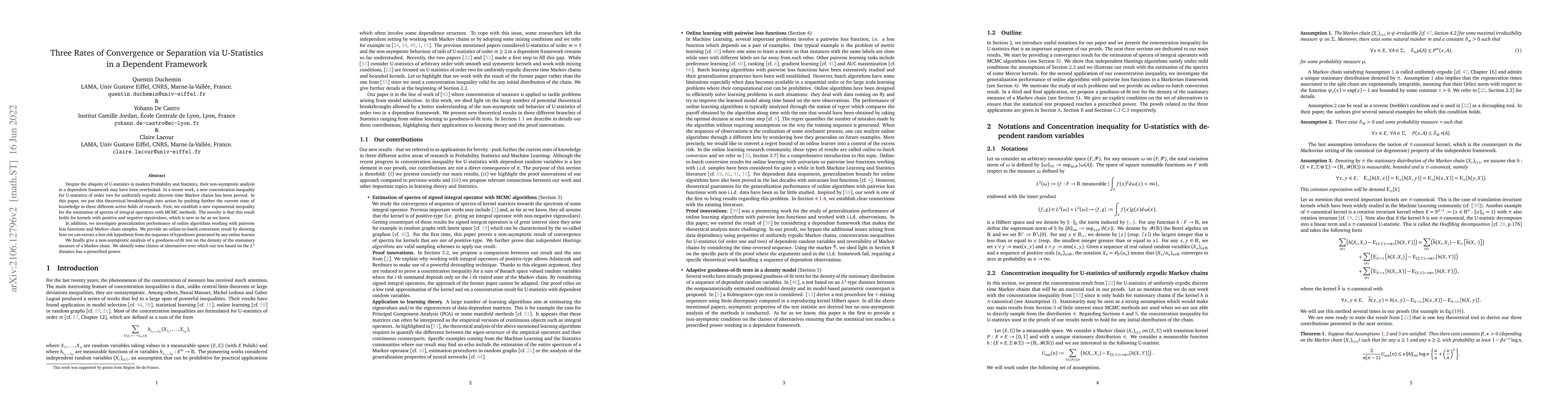 Thumbnail for Three rates of convergence or separation via U-statistics in a dependent
  framework