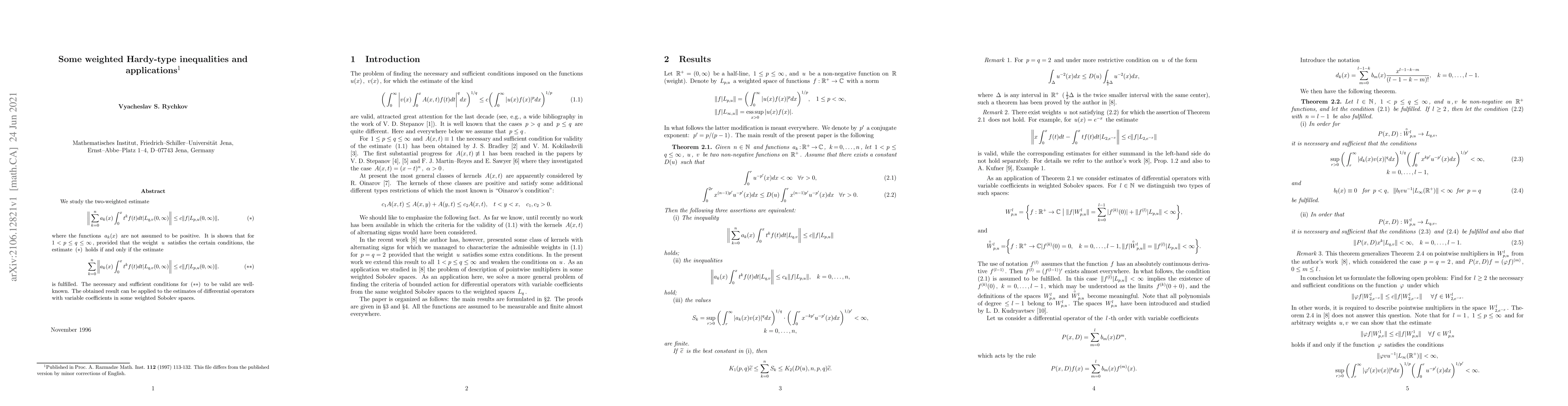 Thumbnail for Some weighted Hardy-type inequalities and applications
