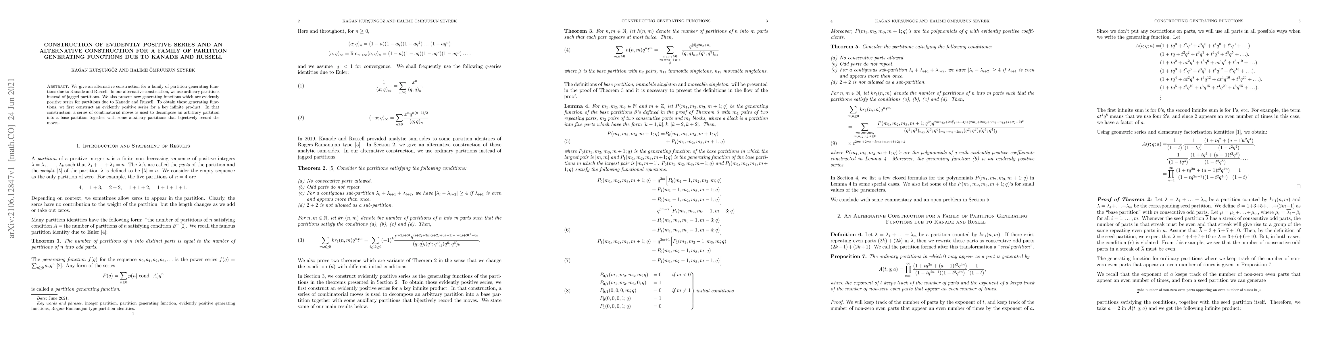 Thumbnail for Construction of Evidently Positive Series and An Alternative
  Construction for a Family of Partition Generating Functions due to Kanade and
  Russell
