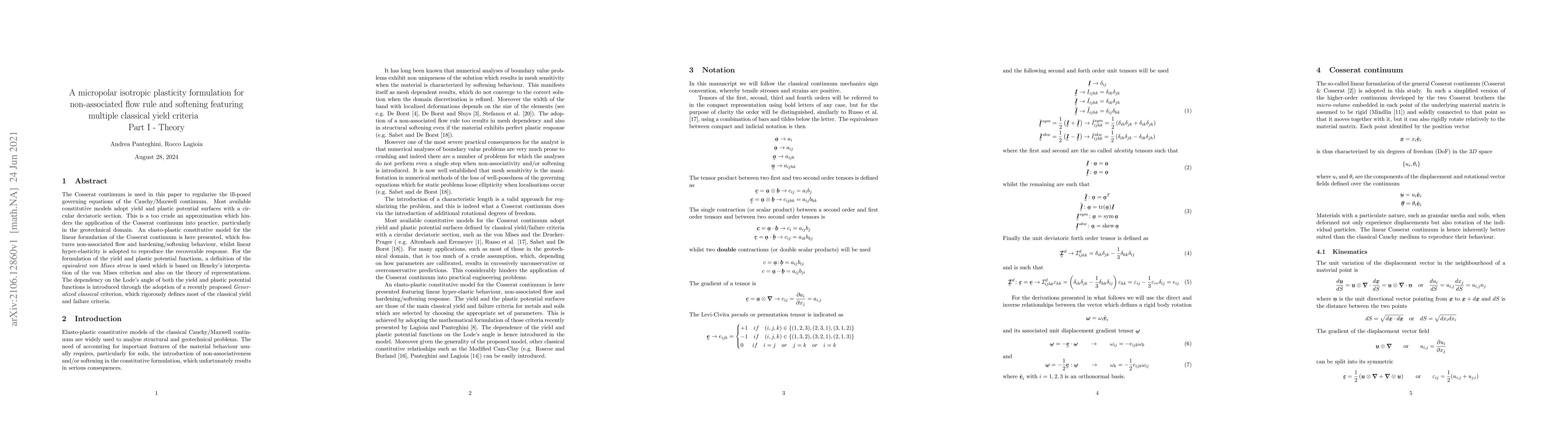 Thumbnail for A micropolar isotropic plasticity formulation for non-associated flow
  rule and softening featuring multiple classical yield criteria Part I --
  Theory
