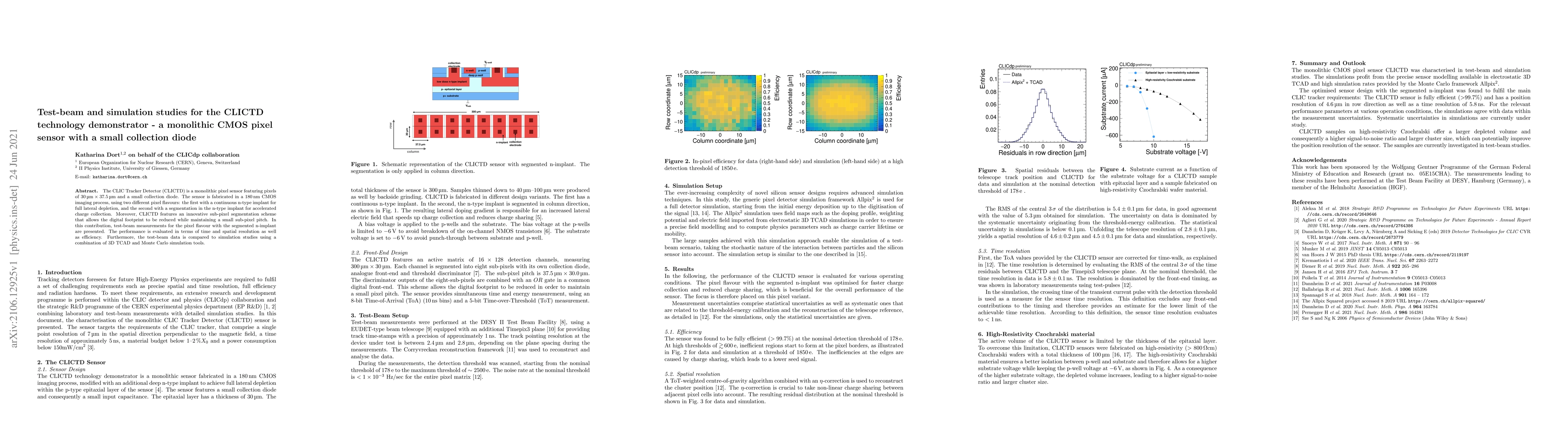 Thumbnail for Test-beam and simulation studies for the CLICTD technology demonstrator
  -- a monolithic CMOS pixel sensor with a small collection diode