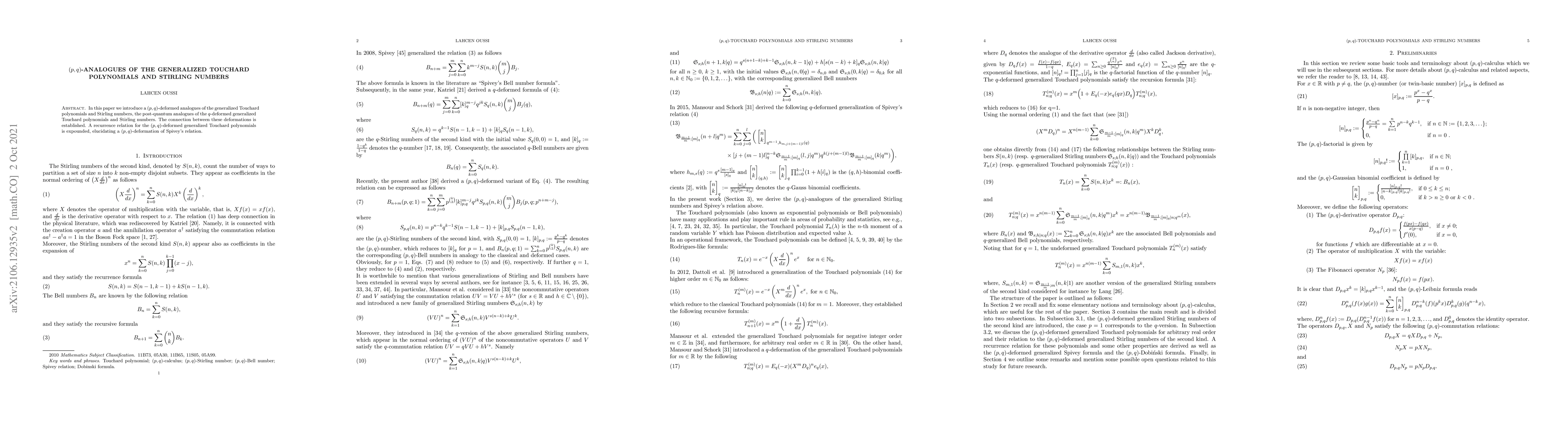 Thumbnail for $(p, q)$-analogues of the generalized Touchard polynomials and Stirling
  numbers