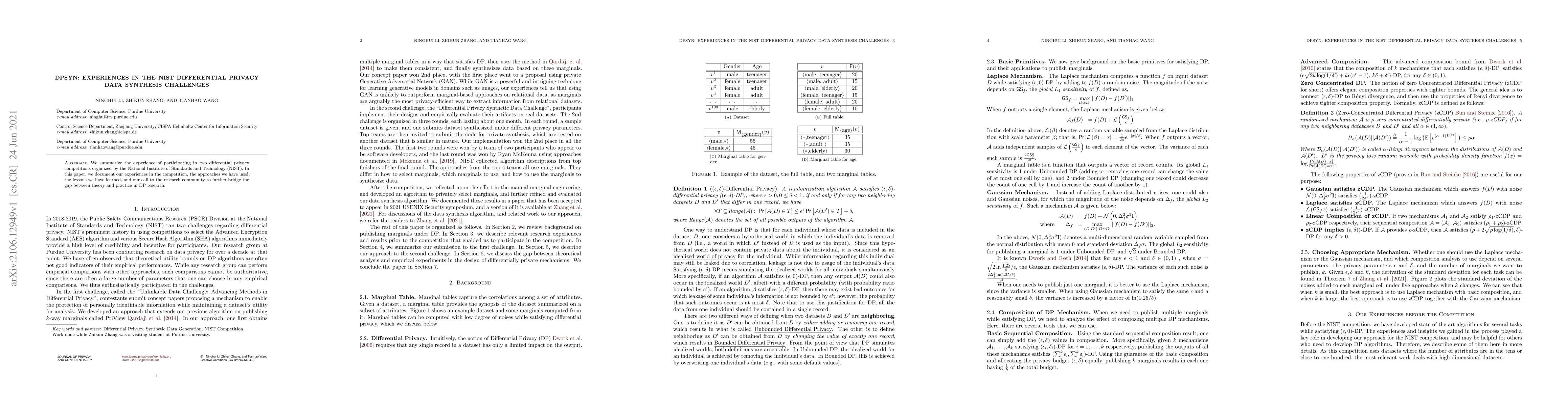 Thumbnail for DPSyn: Experiences in the NIST Differential Privacy Data Synthesis
  Challenges
