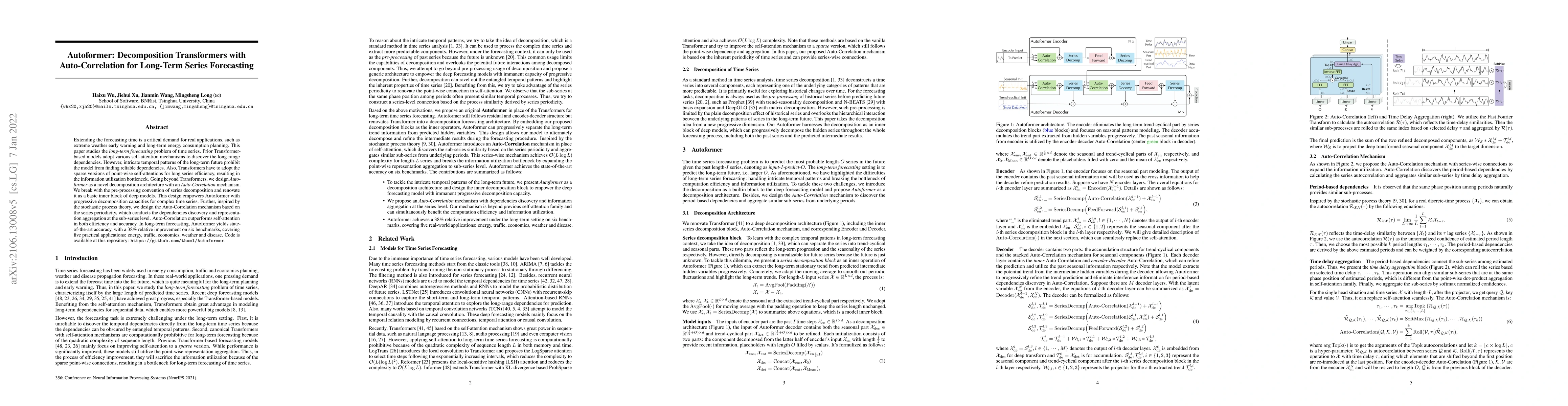 Thumbnail for Autoformer: Decomposition Transformers with Auto-Correlation for
  Long-Term Series Forecasting