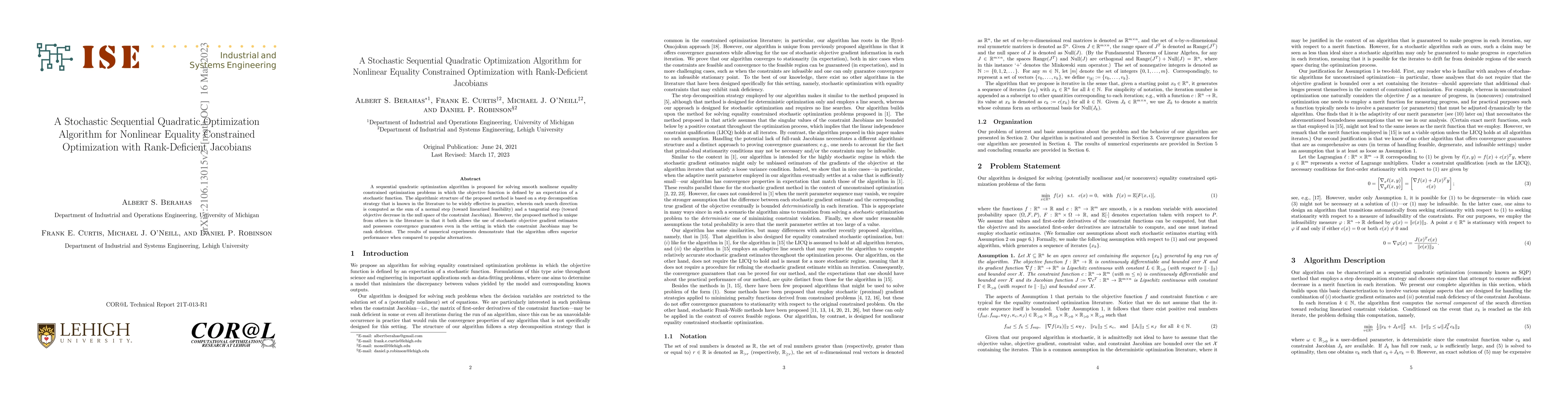 Thumbnail for A Stochastic Sequential Quadratic Optimization Algorithm for Nonlinear
  Equality Constrained Optimization with Rank-Deficient Jacobians