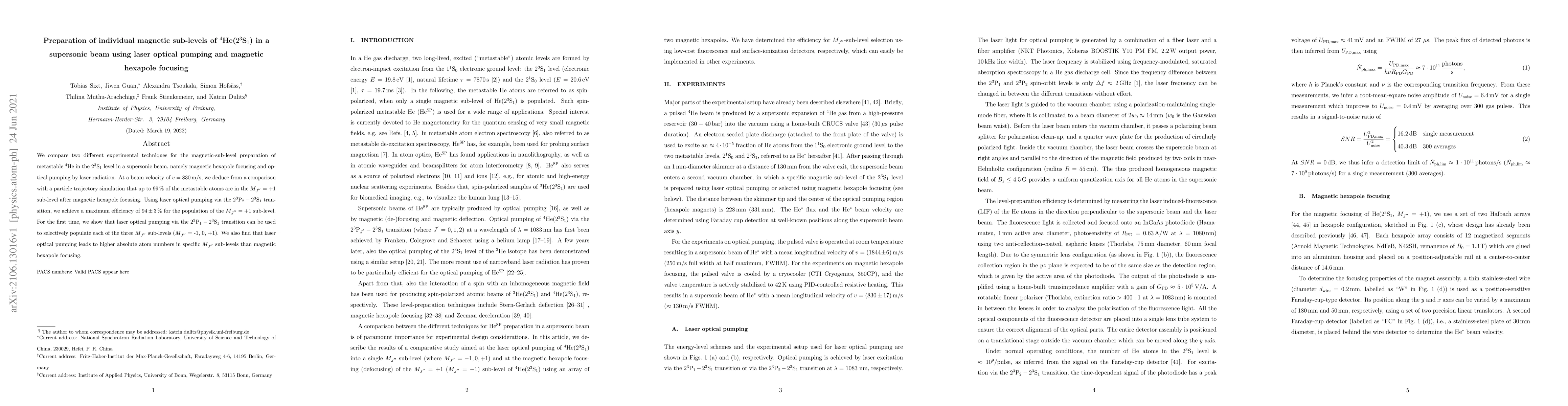 Thumbnail for Preparation of individual magnetic sub-levels of $^4$He($2^3$S$_1$) in a
  supersonic beam using laser optical pumping and magnetic hexapole focusing
