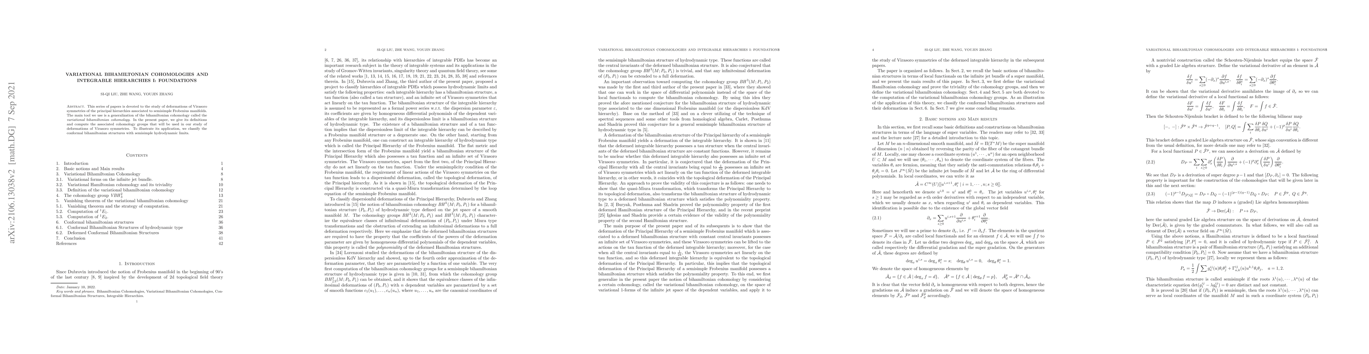 Thumbnail for Variational Bihamiltonian Cohomologies and Integrable Hierarchies I:
  Foundations