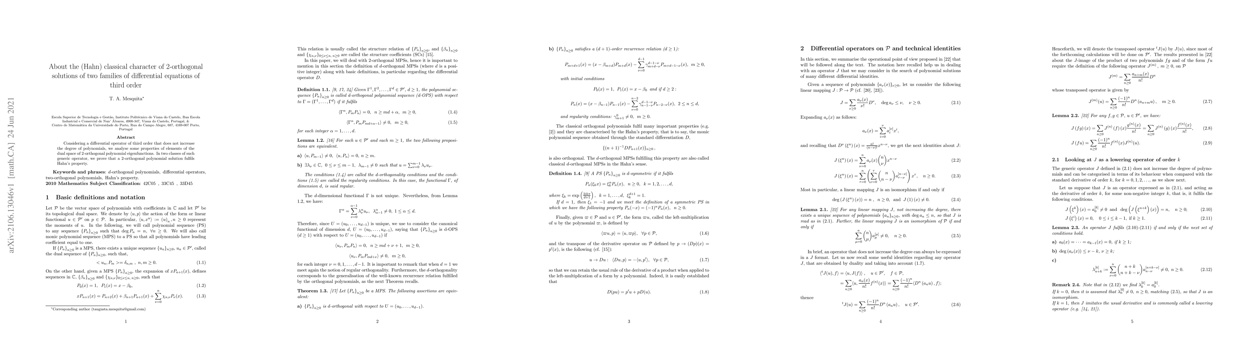 Thumbnail for About the (Hahn) classical character of 2-orthogonal solutions of two
  families of differential equations of third order