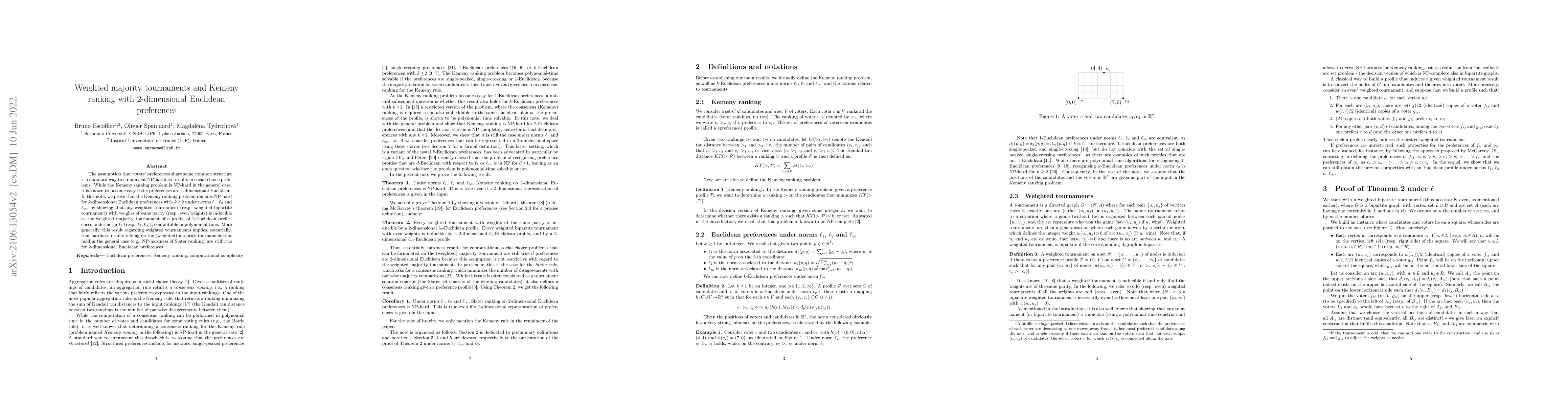 Thumbnail for Weighted majority tournaments and Kemeny ranking with 2-dimensional
  Euclidean preferences