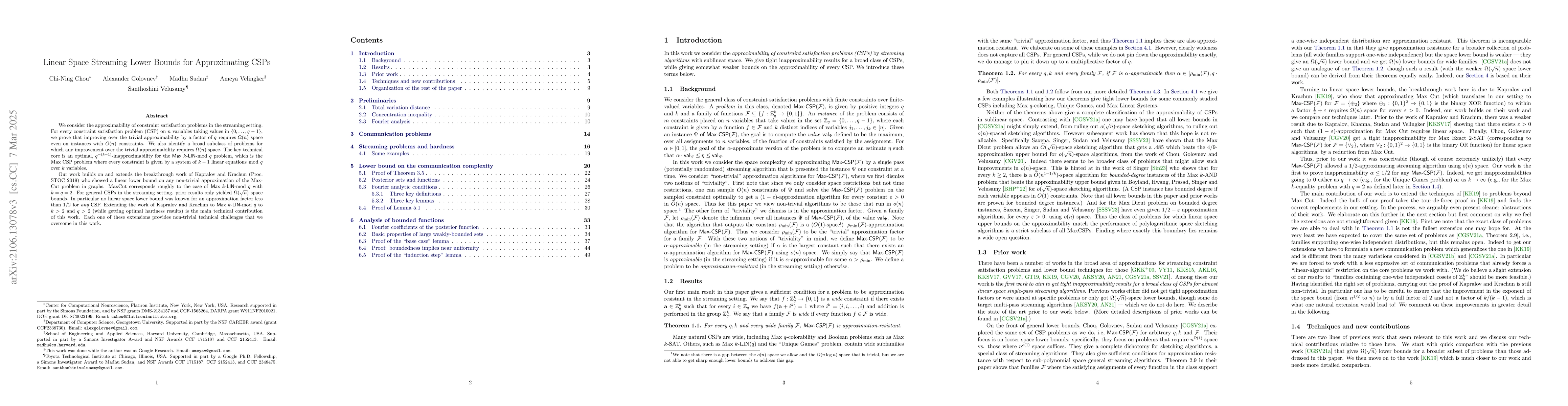 Thumbnail for Linear Space Streaming Lower Bounds for Approximating CSPs