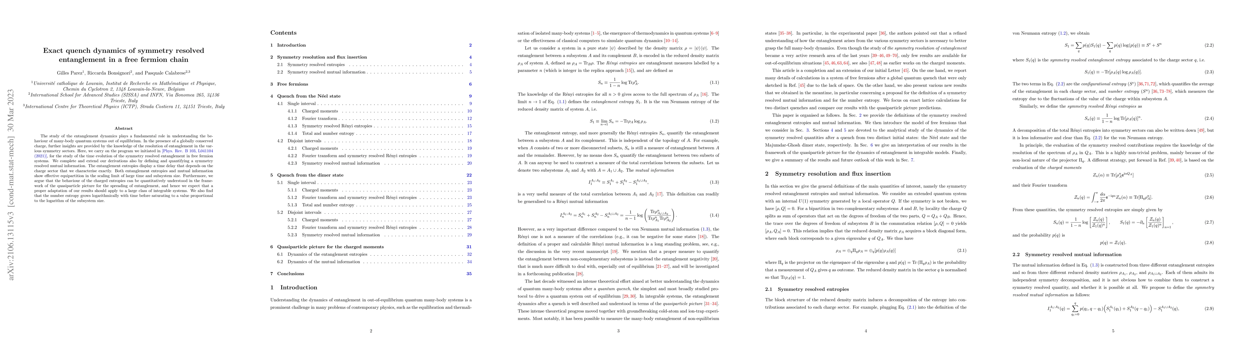 Thumbnail for Exact quench dynamics of symmetry resolved entanglement in a free
  fermion chain
