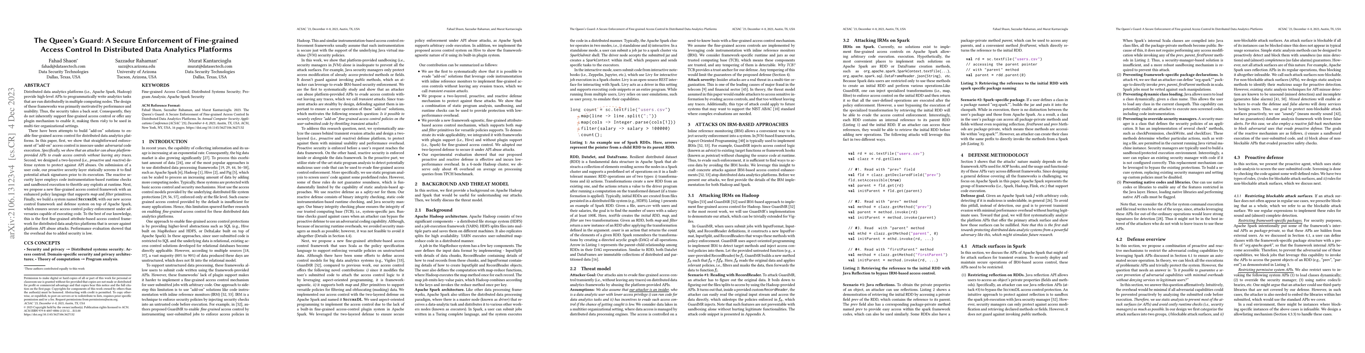 Thumbnail for The Queen's Guard: A Secure Enforcement of Fine-grained Access Control
  In Distributed Data Analytics Platforms