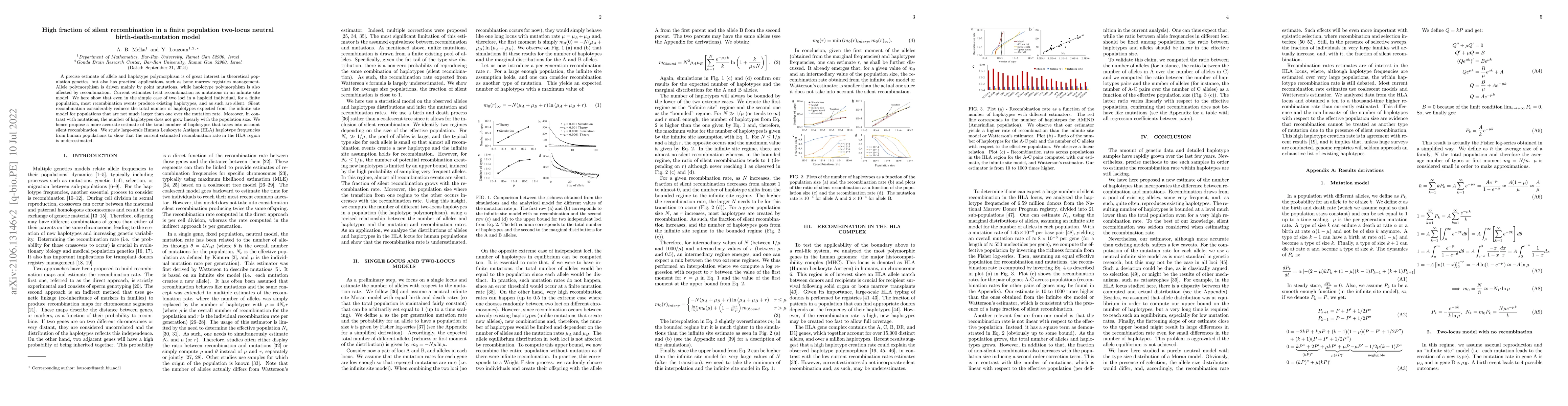Thumbnail for High fraction of silent recombination in a finite population two-locus
  neutral birth-death-mutation model