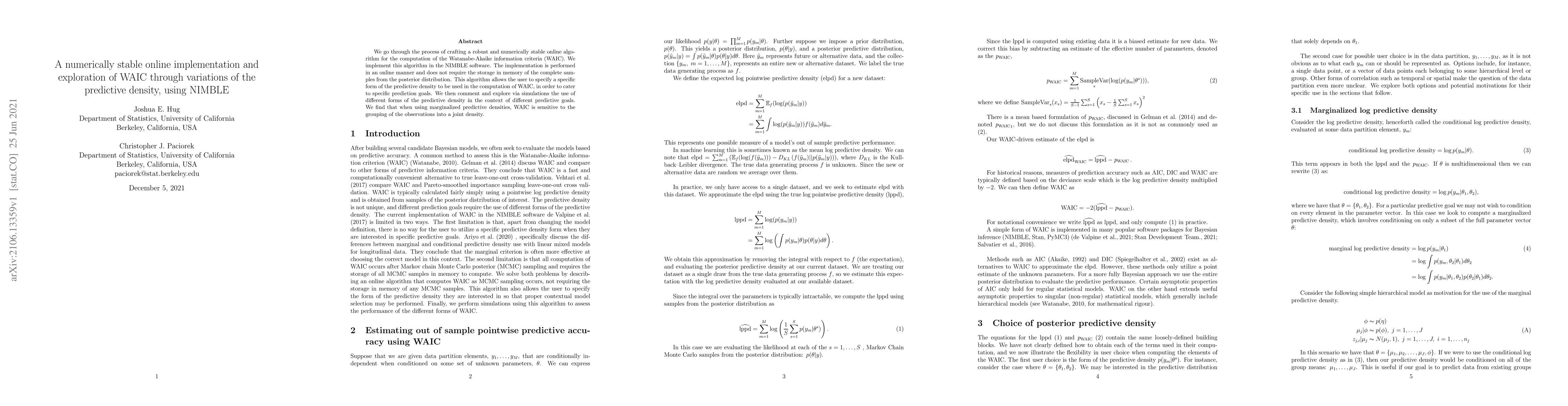 Thumbnail for A numerically stable online implementation and exploration of WAIC
  through variations of the predictive density, using NIMBLE