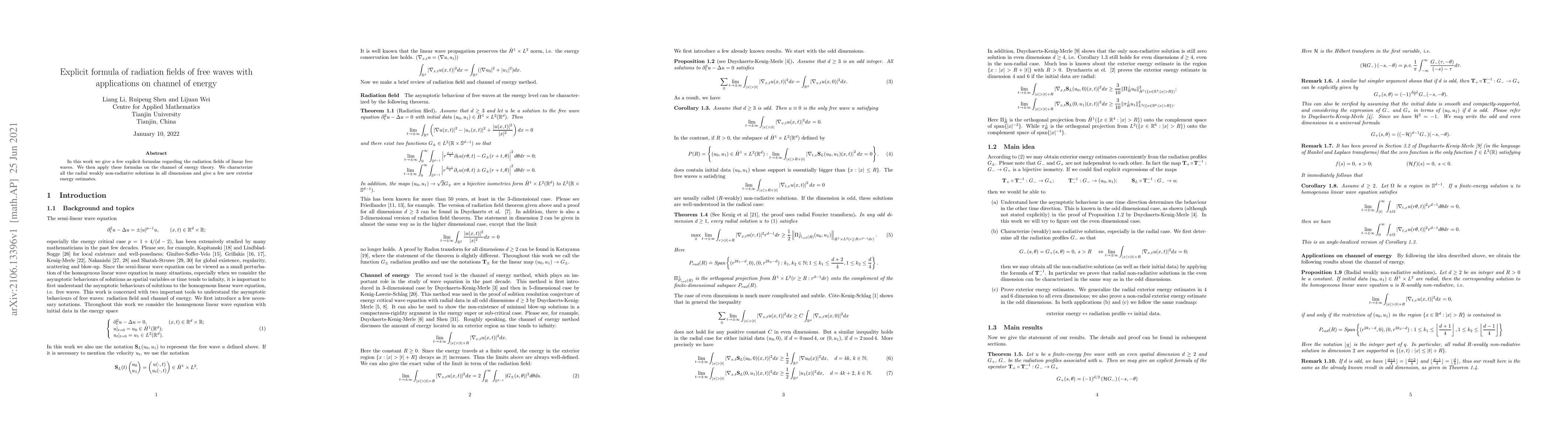 Thumbnail for Explicit formula of radiation fields of free waves with applications on
  channel of energy
