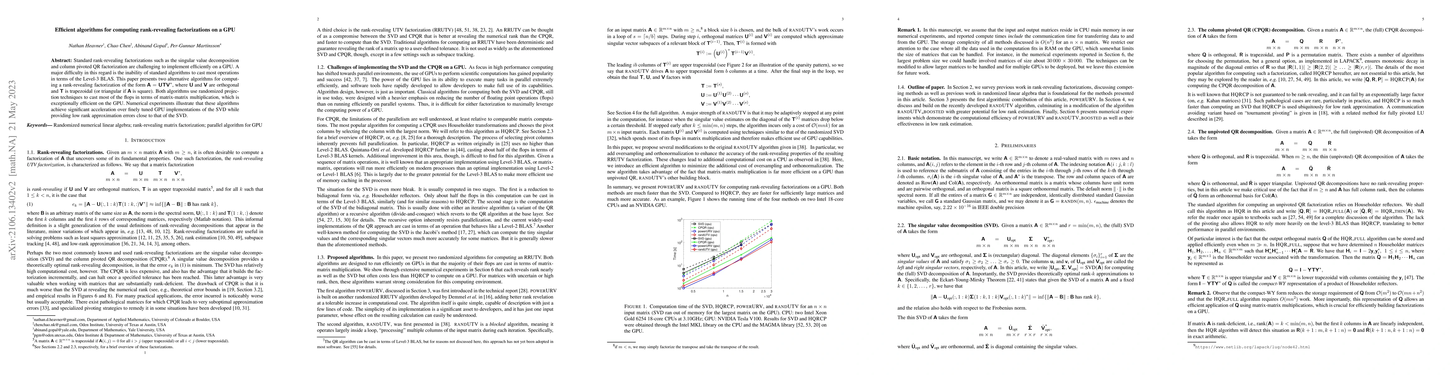 Thumbnail for Efficient algorithms for computing rank-revealing factorizations on a
  GPU