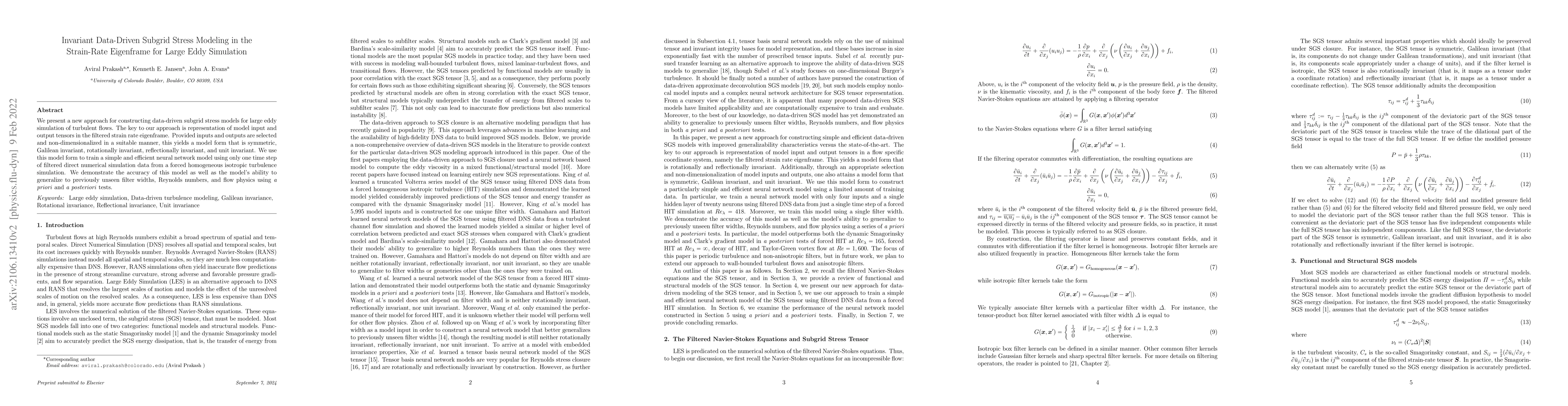 Thumbnail for Invariant Data-Driven Subgrid Stress Modeling in the Strain-Rate
  Eigenframe for Large Eddy Simulation