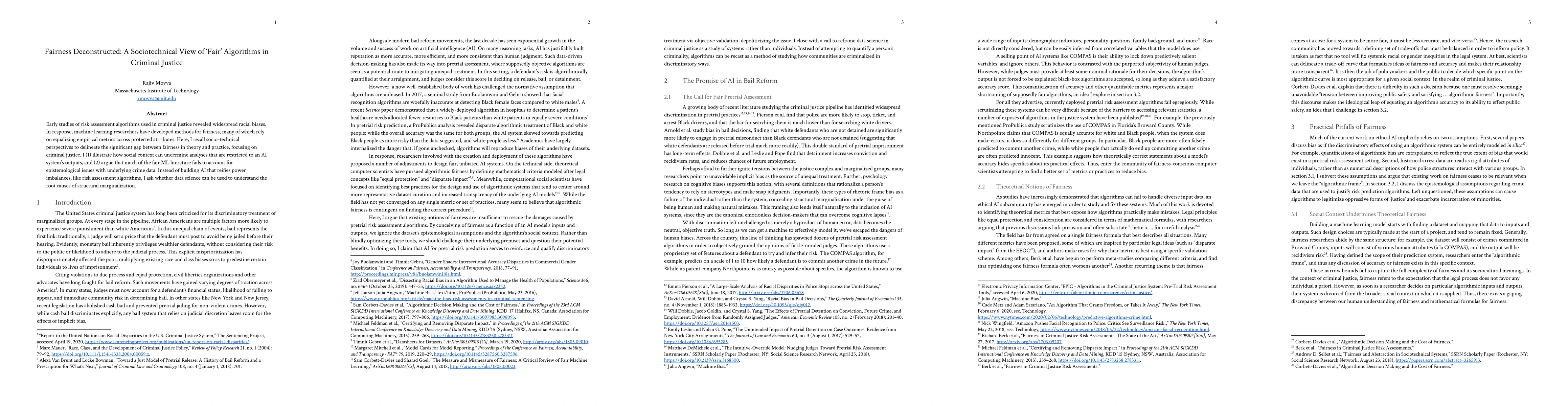 Thumbnail for Fairness Deconstructed: A Sociotechnical View of 'Fair' Algorithms in
  Criminal Justice
