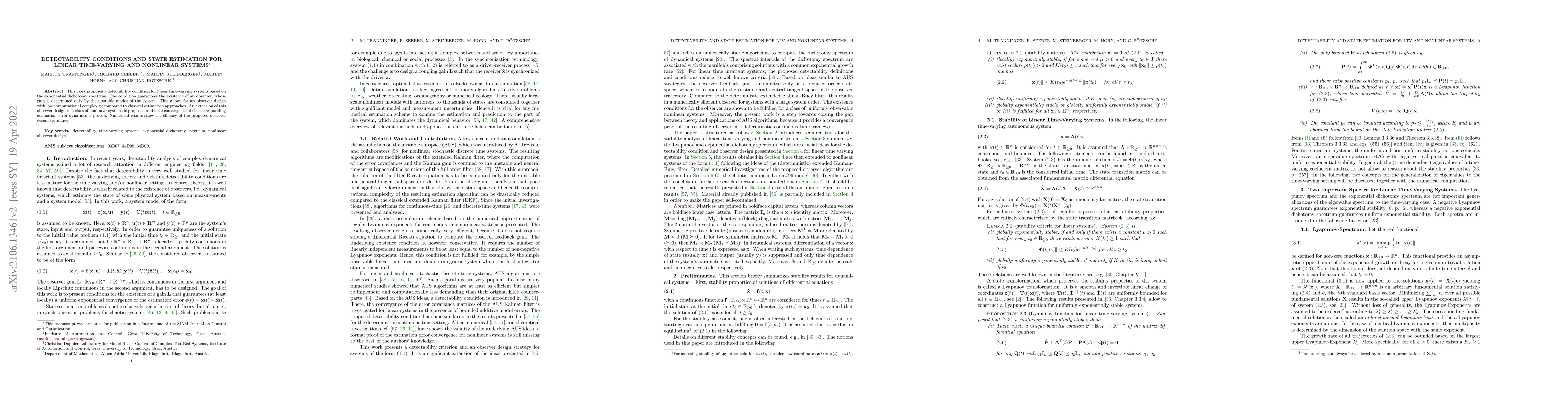 Thumbnail for Detectability Conditions and State Estimation for Linear Time-Varying
  and Nonlinear Systems
