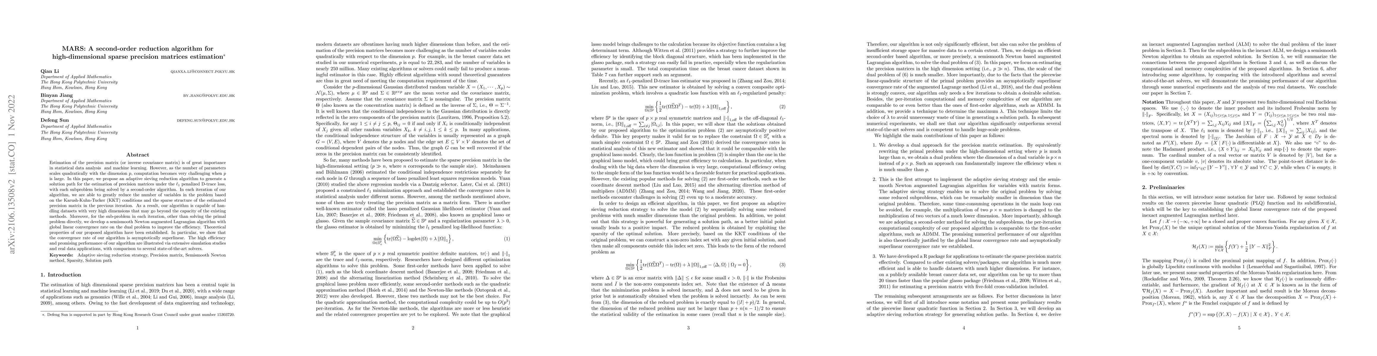 Thumbnail for MARS: A second-order reduction algorithm for high-dimensional sparse
  precision matrices estimation