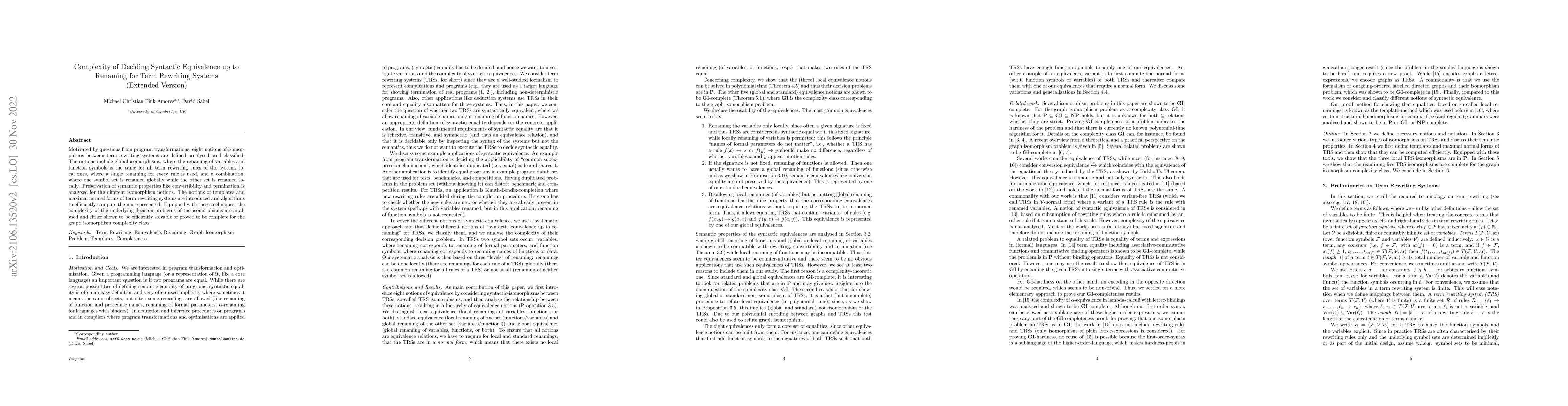 Thumbnail for Complexity of Deciding Syntactic Equivalence up to Renaming for Term
  Rewriting Systems (Extended Version)