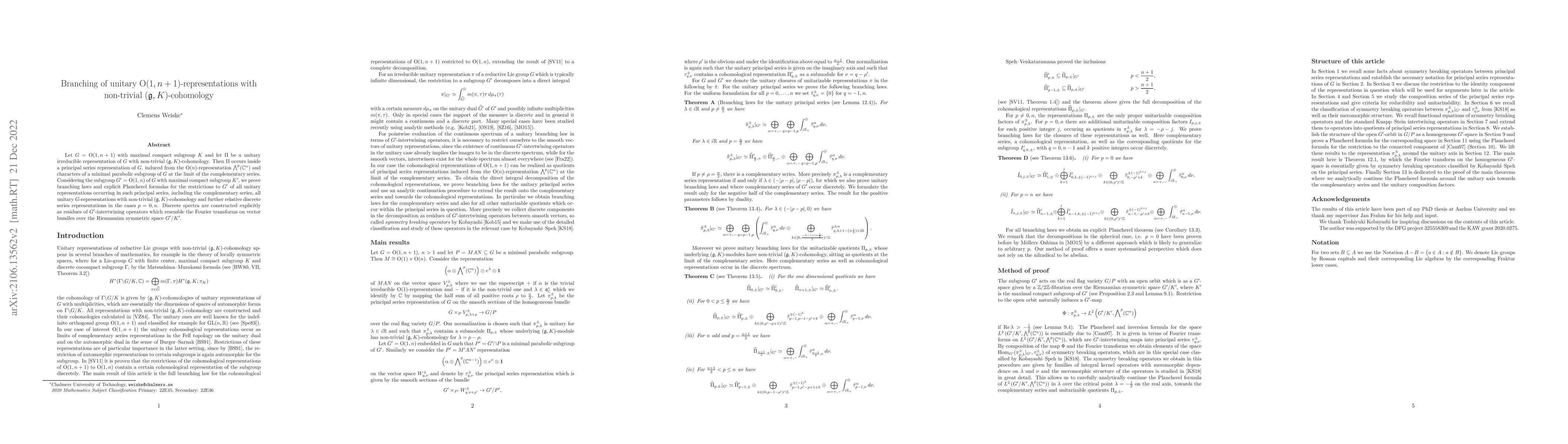 Thumbnail for Branching of unitary $\operatorname{O}(1,n+1)$-representations with
  non-trivial $(\mathfrak{g},K)$-cohomology