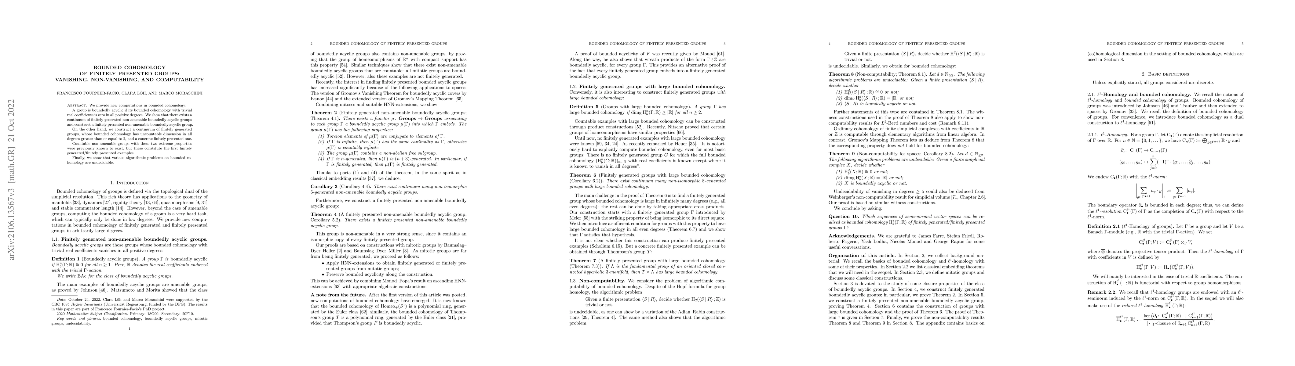 Thumbnail for Bounded cohomology of finitely presented groups: vanishing,
  non-vanishing, and computability