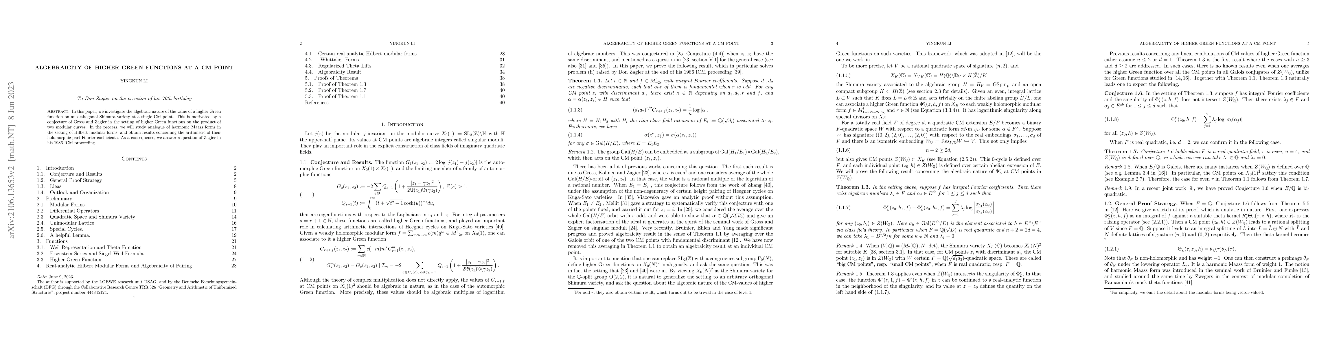 Thumbnail for Algebraicity of higher Green functions at a CM point