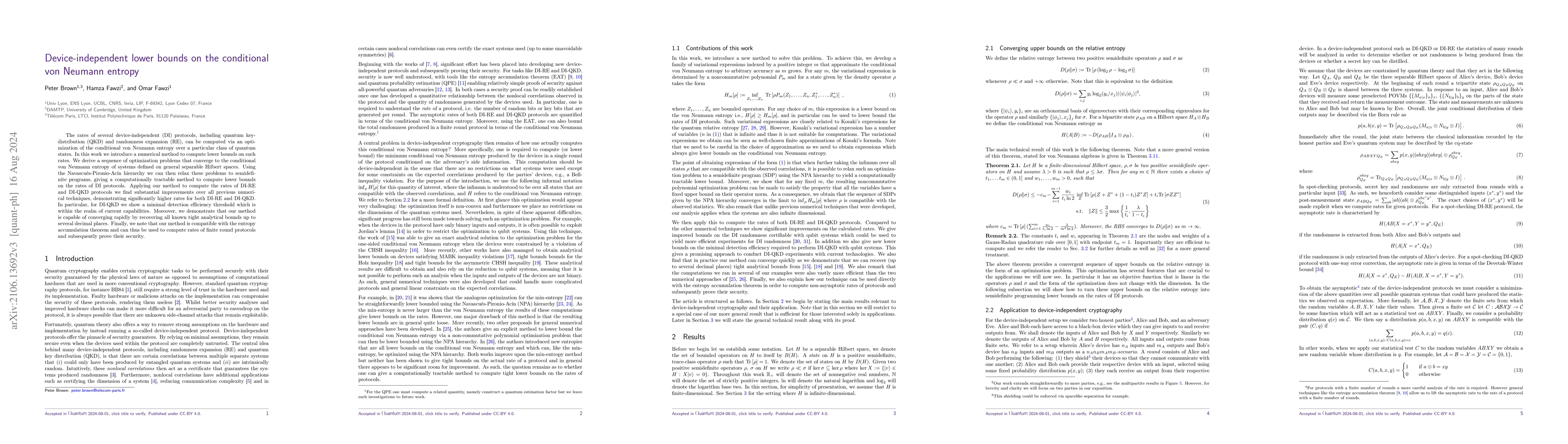 Thumbnail for Device-independent lower bounds on the conditional von Neumann entropy
