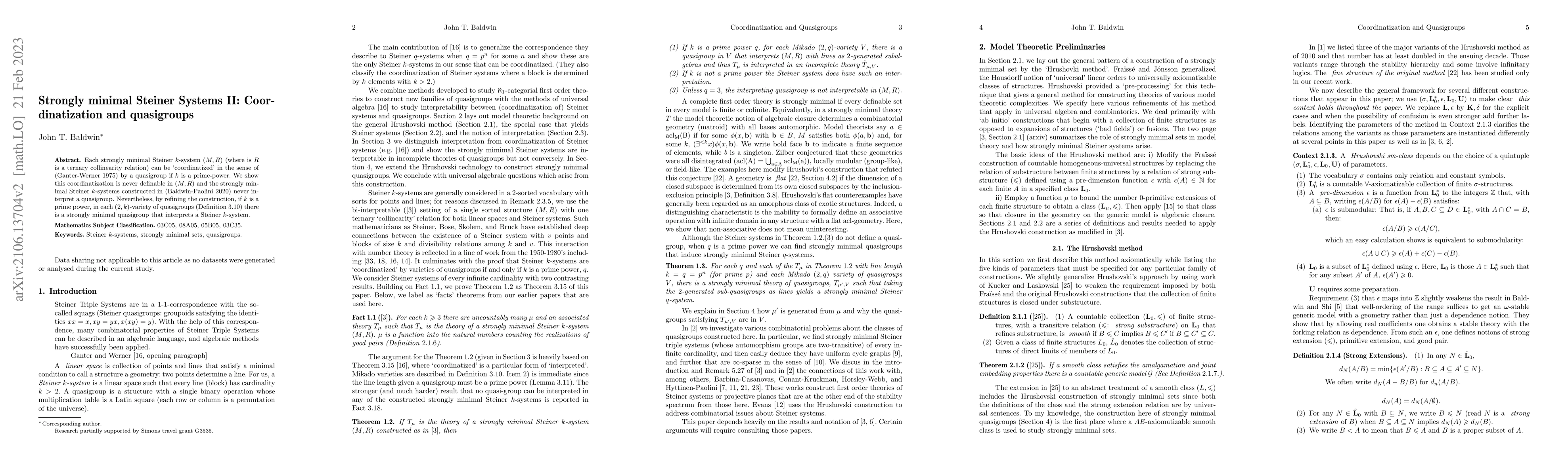 Thumbnail for Strongly Minimal Steiner Systems II: Coordinatization and Quasigroups
