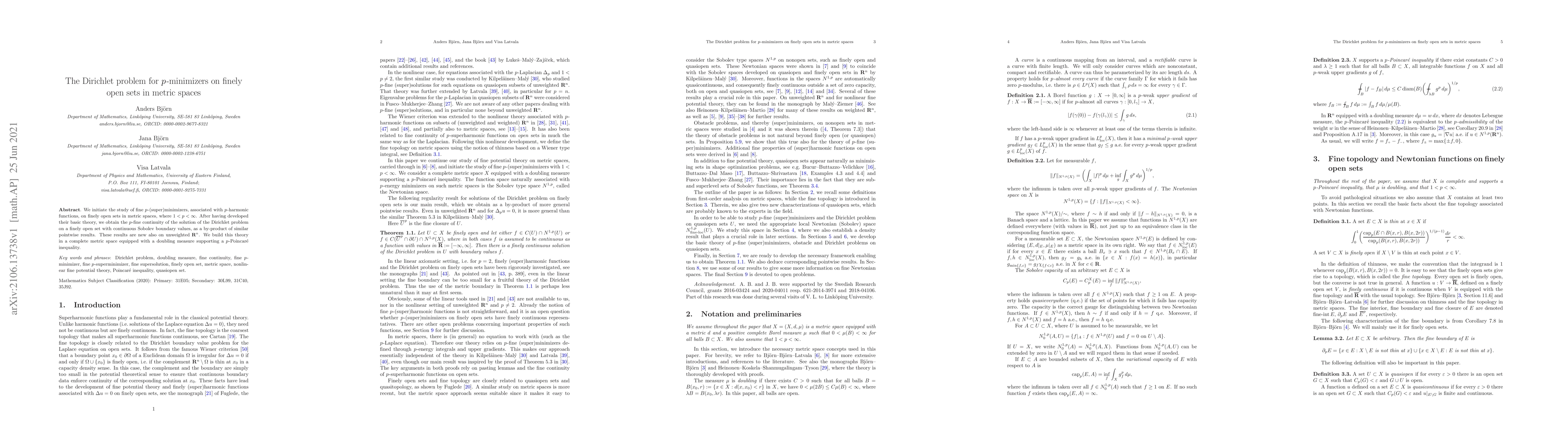 Thumbnail for The Dirichlet problem for p-minimizers on finely open sets in metric
  spaces