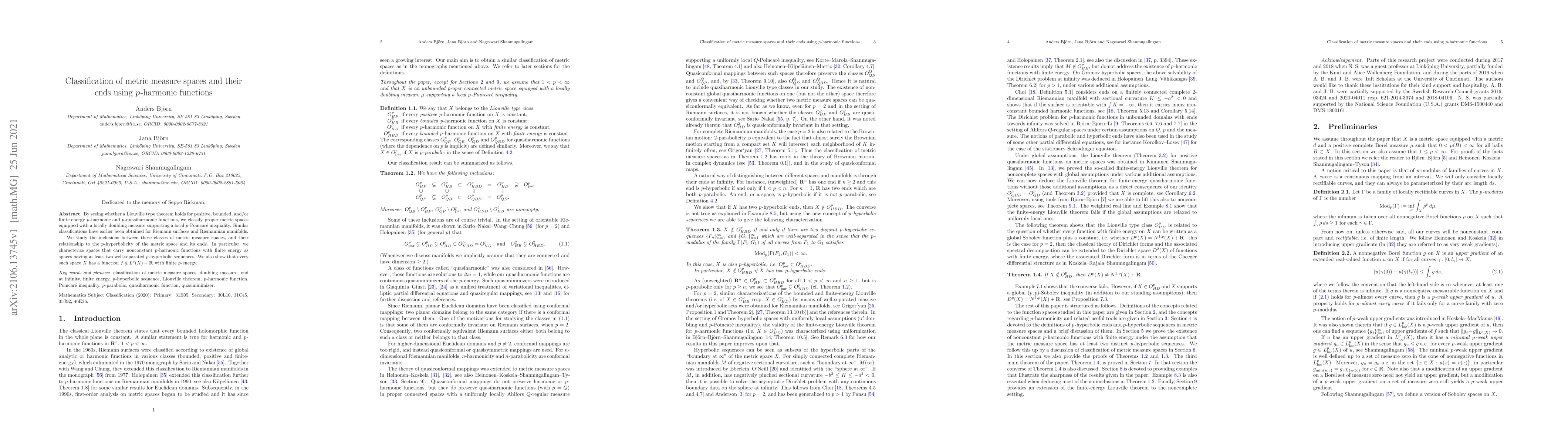 Thumbnail for Classification of metric measure spaces and their ends using
  $p$-harmonic functions