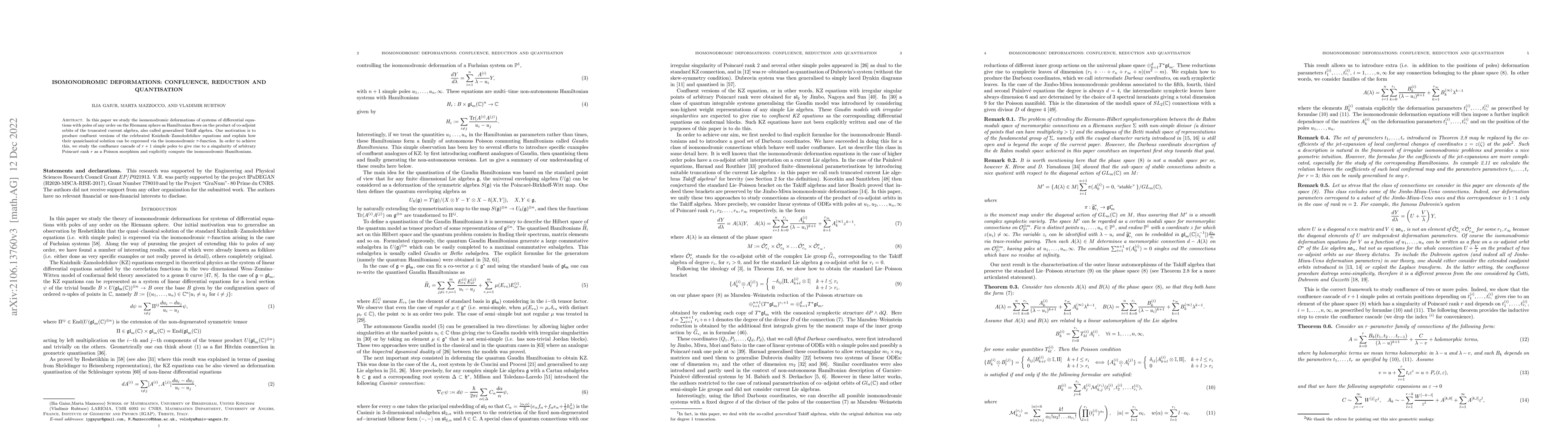 Thumbnail for Isomonodromic deformations: Confluence, Reduction $\&$ Quantisation